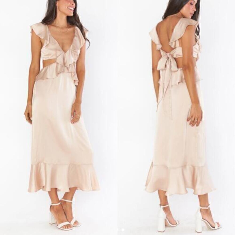 Show Me Your Mumu Cut-out Ruffled Zoey Midi Dress in Champagne Luxe Satin XS